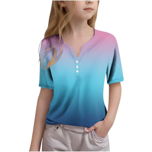 Shirts for Teen Girls Button-Up Short Sleeve Blouse Summer Tunic Tops Solid V-Neck Comfy Kids Fashion Tshirts
