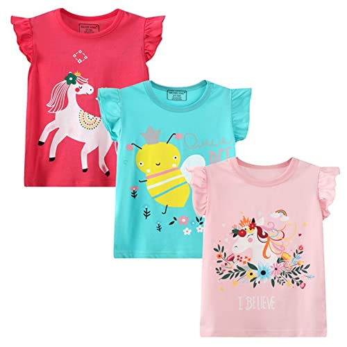 Image of Girls Graphic T Shirts 3 Pack 100% Cotton Short Sleeve Tees for Toddler Little Big Girls Cute Printed Casual Summer Tops