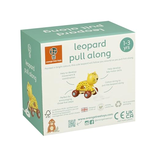 Image of Orange Tree Toys: Pull Along: Leopard - Wooden Toy, Colorful Wheeled Character, Push-Pull, Encourage First Steps, FSC Certified, Toddler & Kids Age 1+