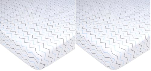Image of TL Care Fitted Mini Crib Sheet 24 inch x 38 inch, Soft Breathable Neutral 100% Cotton Jersey Portable Sheet, Blue Zigzag, for Boys and Girls, Fits Most Pack N Play and Mini Crib Mattresses (Pack of 2)