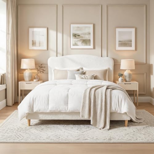 Image of GarveeHome Queen Size Bed Frame with Upholstered Headboard, Soft Low Profile Sturdy Platform Bed with Rounded Corners Design, Heavy Duty, Wooden Slats, Noise Free, No Box Spring Needed, Beige