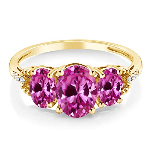 Gem Stone King 2.69 Cttw Oval Pink Created Sapphire and Diamond Accent 10K Yellow Gold Engagement Ring for Women | Gemstone Birthstone | Oval 8X6MM and 6X4MM | Available In Size 5, 6, 7, 8, 92