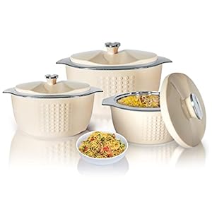 Jaypee Insulated Casserole Dishes | Serving Dishes With Lid | Stainless Steel Inner | Keep Food Warm | Thermal Food Container | Hot Pot | Set of 3-2L, 3L, 5L -By Nyra (Beige)