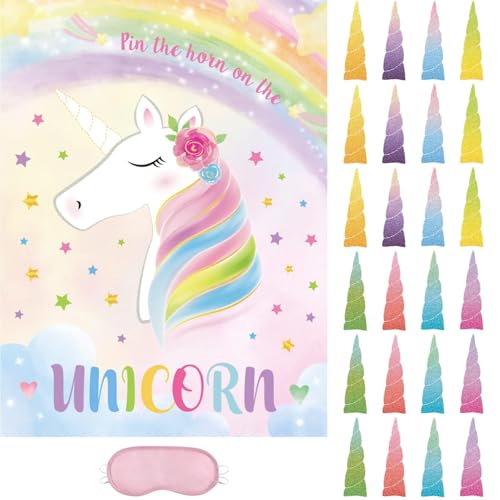 Image of WERNNSAI Pin The Horn On The Unicorn - Unicorn Birthday Decorations 21'' X 28'' Birthday Party Game with 24 Pcs Horns Stickers for Kids School Classroom Activities | Pin The Tail on the Unicorn,Girls Birthday Party Game,28 inch x 21 inch Poster with 24 Stickers and Blindfold