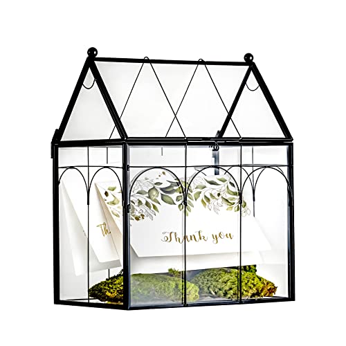NCYP 19x12,5x23 cm Schwarzes Glas Kartenboxen mit Deckel，Handgefertigter Abschließbarer Geometrischer Terrarium Pflanztopf für kleine Sukkulenten, Haus, Hochzeit, Partydekoration (nur Glasbox)