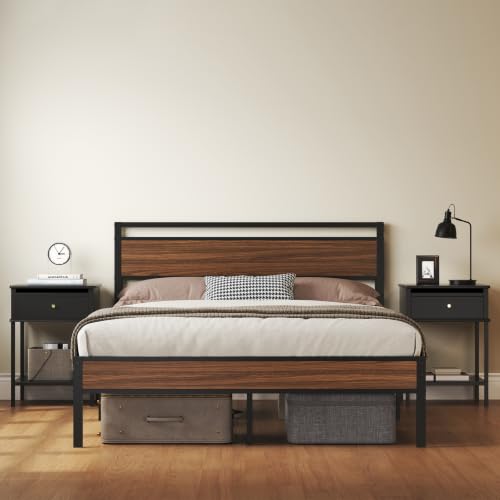 Image of 14 Inch Queen Size Metal Platform Bed Frame with Wood Headboard&Footboard | Easy Assembly Structure, Spacious Underbed Storage, No Noise Design, No Box Spring Required, Camas Queen, Walnut