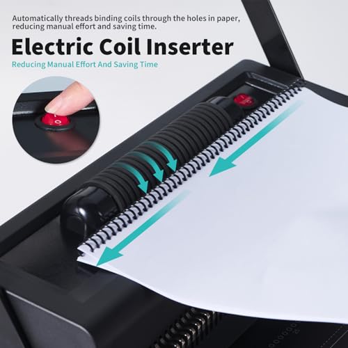 Binditek Spiral Coil Binding Machine for Letter Size/A4/A5,Electric Coil Inserter,Manual Round Hole Punch,Disengaging Pins,Adjustable Side Margin,with 100pcs 5/16" Binding Coils& Plier& Binding Cover