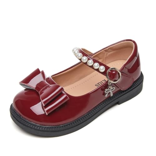 Girl's School Uniform Dress Shoes Walking Party Mary Jane Ballet Flat with Front Bow and Pearl Strap for Toddler/Little Kids