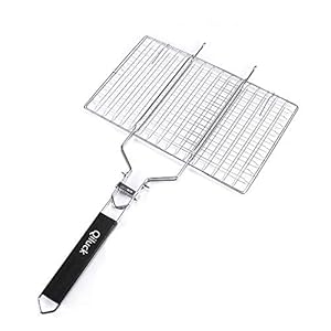 Qiluck Grillmand, draagbare en opvouwbare 430 roestvrijstalen barbecuemand, geroosterd voor vis, groente, biefstuk, garnalen met afneembaar houten handvat en gemakkelijke draagtas (32 x 22 cm)