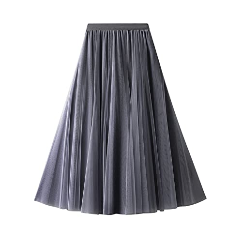 Daysskk Tüllrock Grau Damen Maxirock Lang A Linie Hohe Taille Langer Rock Sommer Elastische Taille 84cm