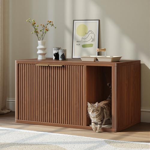 Evermagin 35.4 Walnut Cat Litter Box Enclosure Furniture with Cat Scratch Pad Large Hidden Litter Box Cabinet with Rounded Corners Front Entry Can Install Left/Right Mid Century Modern Kitty Bench