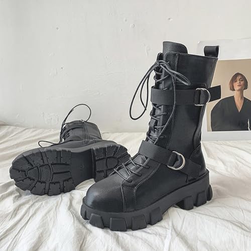 Women’s Leather Buckle Strap Platform Combat Boots Fashion Round Toe Lace up Side Zipper Lug Sole Punk Low Chunky Heel Mid Calf Booties Casual Biker Motorcycle Booties4