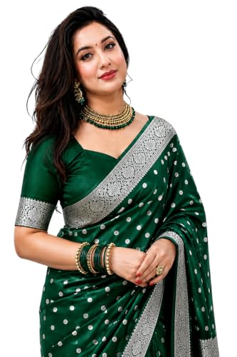 Image of Women's Glory Banarasi Satin Silk Saree with Rich Gold Silver Zari Floral Embroidery | Kanjivaram Style | Traditional Wedding & Festive sadi with Contrast Border