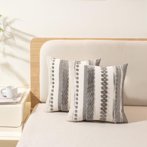 Wanlird PILLOWCOVER-2SET-GRAY-18X18 Boho Throw Pillow Covers 18X18 Set Of 2 Farmhouse Decorative Cushion Case Striped Square Pillows Cover Chenille Pillow Cases Accent Neutral Pillowcase thumb #4