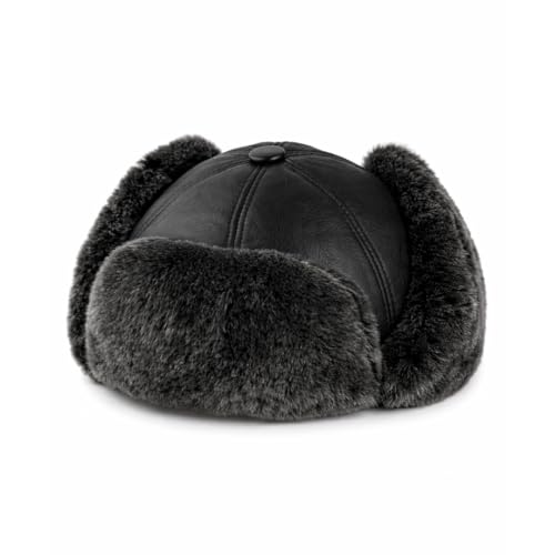 Image of Leather Aviator Russian Ushanka Trapper Shearling Sheepskin Fur Ear Flap Waterproof Winter Hat