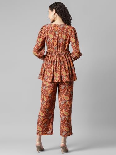 Image of DEEBACO Women's Paisley Print Rayon Top & Pants Co Ord Set For Women V Neck Long Puff Sleeve Ladies Party Casual Wear Fashionable For Girls Loose Fit Cord Set (DBCOMR00001033 XL Multicolor)