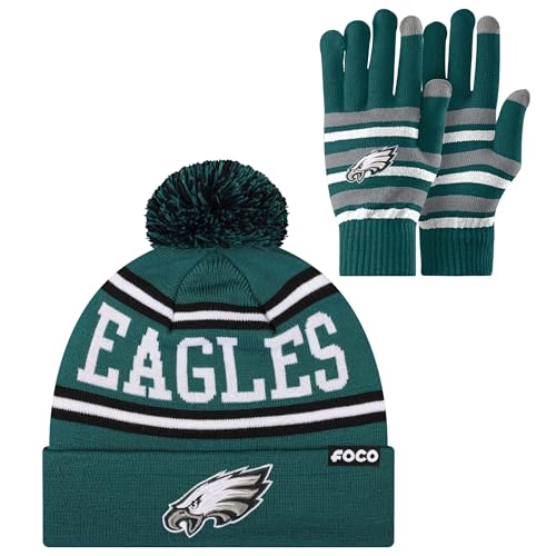 FOCO Philadelphia Eagles NFL Stretch Gloves & Primary Stripe Pom Knit Cap Hat Winter Beanie - Bundle