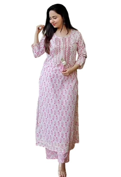 Women's Pink & White Printed Round Neck Regular Kurta and Palazzo Set-picture-29