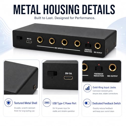 Supresor Profesional de Retroalimentación TsoLay Mini, 4 entradas y 1 salida, para micrófono, antirretroalimentación automática, sonido claro, para escenarios, iglesias y uso doméstico miniatura 3
