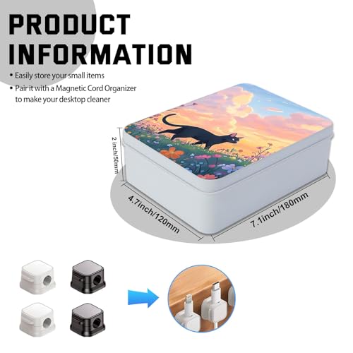 Image of Metal Tin Box with Lid,Multi-functional Storage Large Box Can Store Tea Biscuits Game Cards, Playing & Tarot Cards-Comes with 4 Magnetic Cord Clips,Black Cat in Flower Field