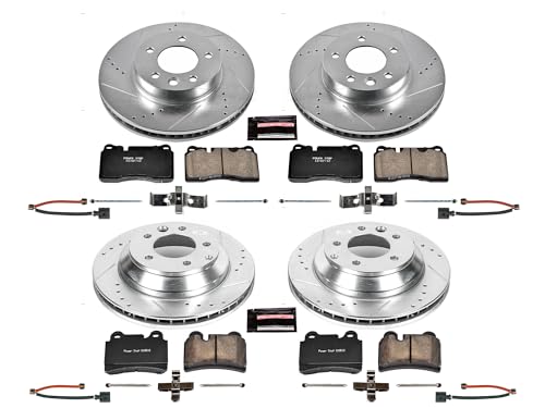 Image of PowerStop Front and Rear Brake Kit for Volkswagen Touareg 2006 - Drilled and Slotted Disc Rotors with Carbon-Fiber Ceramic Brake Pads Replacement, K4108