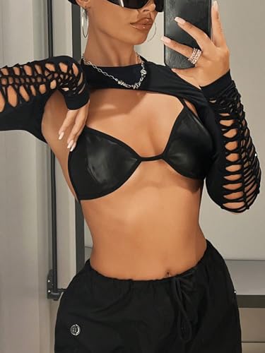 GORGLITTER Women's Cut Out Super Crop Top Bolero Long Sleeve Crew Neck T Shirt Shrug Tops4