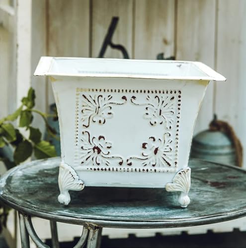 Vintage Retro Square Metal White Flower Pot Decorative Planter