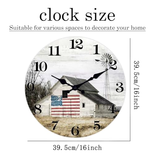 Image of XFM Farmhouse Wall Clock Battery Operated 16 Inch Silent Old Barn | Country American Flag Big Round Analog Decorative for Living Room Kitchen Bedroom Office Non-Ticking