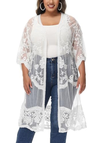 Image of Anna-Kaci Women's Plus Size Lace Cardigan Embroidered Long Kimono Dusters with Half Sleeves