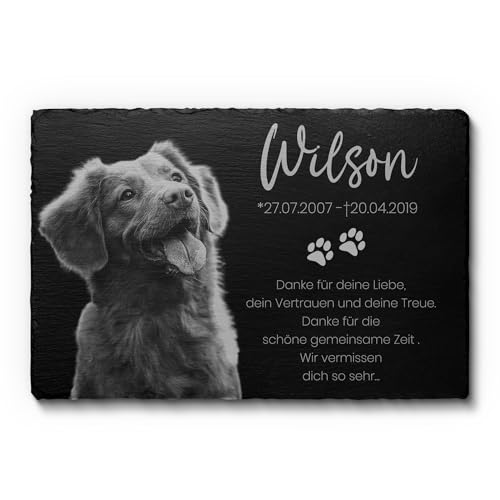 CHRISCK design Grabplatte Hund und Katze aus Schiefer mit Gravur & Foto - Wetterfester Gravurschutz! - Katzen & Hunde Gedenkstein mit Bild & Motiven - Grabstein Tiergrabstein draußen 30x20 cm