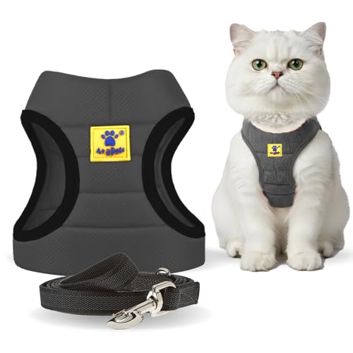 Image of A+a Pets' Feather Weight Cat and Dog Harness & Leash Set - Escape Proof, Adjustable, No Pull, Soft Padded Vest for Persian Cats, Kittens, Small Dogs (Grey, M)