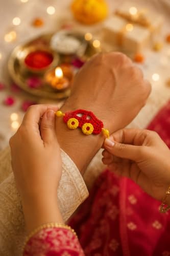 Image of Handmade Crochet Car Rakhi for Kids, Red and Yellow, Soft Knitted Thread with Beads, Raksha Bandhan