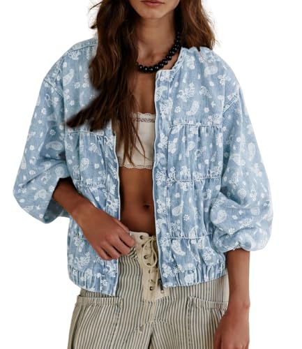 chouyatou Women 2025 Fall Paisley Floral Print Denim Jacket Zip Up Oversized Y2K Trendy Bomber Jean Jacket
