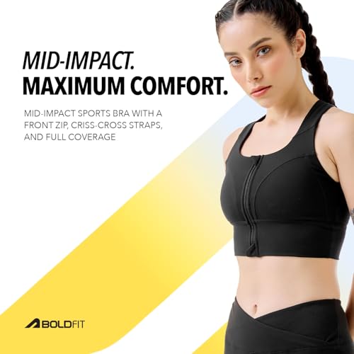 Image of Boldfit Sports Bra for Women,Premium Nylon Blend Padded Gym Bra for Woman with Criss Cross Back & Front Zip,Boldtech Sweat-Wicking,Stretch Fit,Durable & Comfortable Activewear for Gym,Yoga & Training