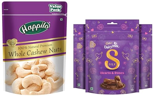 Image of Happilo 100% Natural Premium Whole Cashews 500 g Value Pack & Cadbury Dairy Milk Silk Chocolate Home Treats, 153 g (Pack of 3)