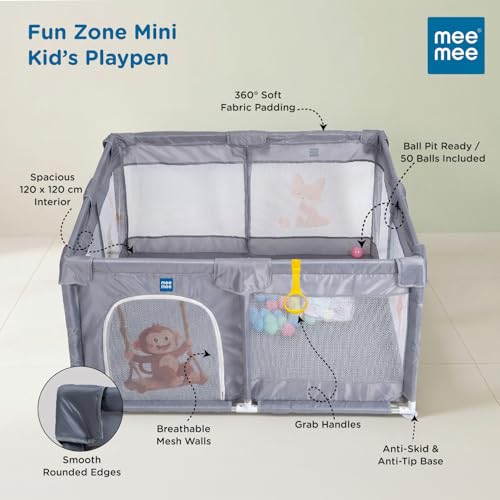 Image of Mee Mee Fun Zone Mini Portable Baby Playpen with Breathable Mesh Walls | 120x120 cm Baby Play Yard with Soft Fabric Padding, Rounded Edges & Tool-Free Assembly | Ball Pit Ready with 50 Balls (1+ Years)
