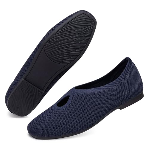 Frank Mully Women's Knit Flats Teardrop Upper Square-Toe Style Shoes Lightweight Flats for Women Comfortable Slip on Flats for Work Wedding Office