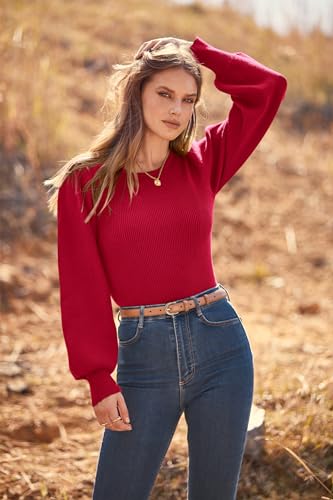 Image of MASCOMODA Womens Puff Long Sleeve Ribbed Sweater Bodysuits | Fall Winter Outfits 2026, Crewneck Knitted Bodysuit Dressy Casual, Cute Slim Fit Pullover Tops, Work, Date, Dress Up & Down