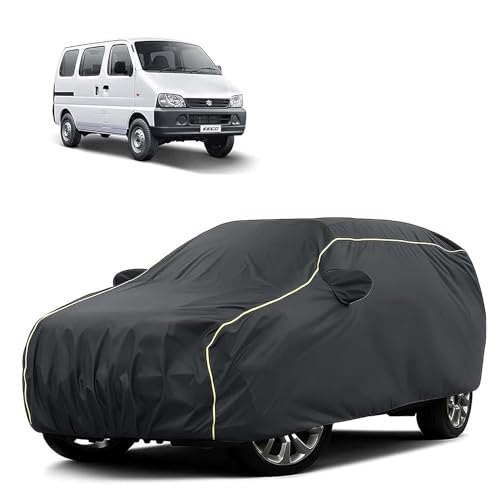 Image of Sulfar 100% Water Resistant Car Body Cover Compatible with Mirror for Maruti Suzuki Eeco (Triple Stitched, Full Bottom Elastic, Dark Grey Tafetta with Yellow Piping)
