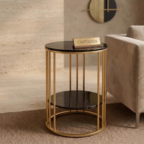 Image of CARTADEN Side Table, Small Round End Table with Lower Shelf, Nightstand for Small Spaces, Bedside Coffee Table for Living Room, Bedroom Gold Black