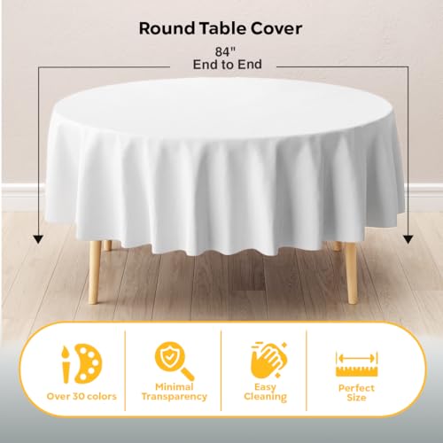 Image of Exquisite White Round Tablecloth 84 inch - 48 Pack | Plastic Tablecloth, Disposable Table Covers Round for Parties, Weddings, Holidays & Party Supplies
