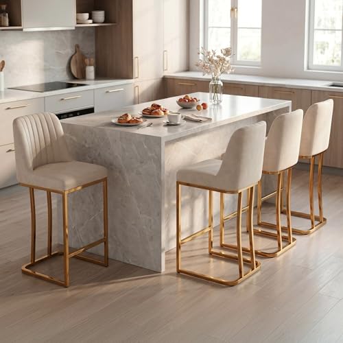 Image of LSSBOUGHT Counter Height Bar Stools Set of 4, Beige Counter Stools with Back and Gold Metal Frame,Modern Barstools with Footrest, Upholstered Leathaire Bar Chairs for Kitchen Island(4pcs,Beige)