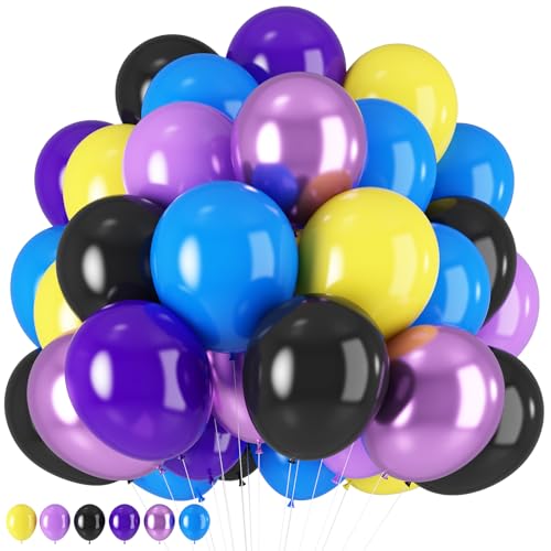Image of HILAVO Purple Blue Yellow Black Balloons 60 Pcs Metallic Purple Royal Blue Black Yellow Game Latex Balloon Gaming Party Balloon for Kids Gamer Night Birthday Graduation Party Decoration Supplies