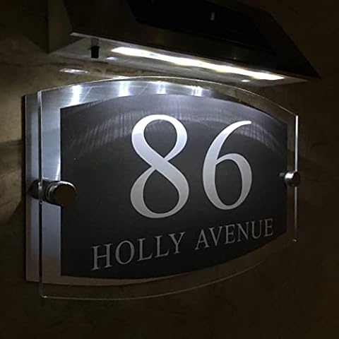 MODERN House Numbers Signs Plaques Door 1-9999 Street Name SOLAR LIGHT LED Grey Arc edge Cover