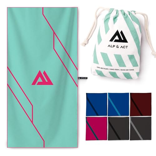 ALP & ACT Toalla de Microfibra para Deporte y Fitness - 100% reciclada – Extra COMPACTA y Absorbente – Ideal para Gimnasio, Yoga o Sauna – Toalla Deportivo de Secado rápido - Turquesa, 140x70