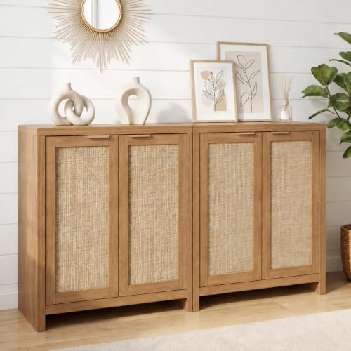 Image of OAKHAM HOME Rattan Sideboard Cabinet with Storage, Natural Oak, Set of 2 | Buffet Cabinet with 2 Soft-Close Doors, Adjustable Shelves and 110 lbs Top, For Living Room, Kitchen, Entryway