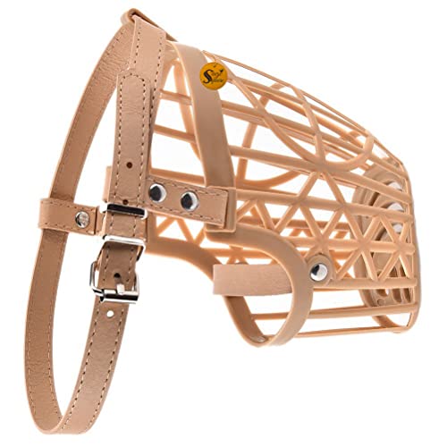 Image of Sage Square Adjustable Strap Muzzle, Mouth Cover, Basket Cage, Pet Safety Collar for Anti Biting Dog. (Beige, Small)