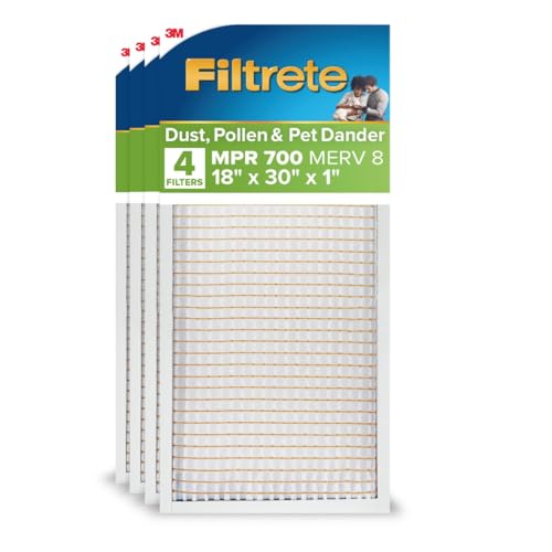 Filtrete 18x30x1 AC Furnace Air Filter, MPR 700, MERV 8, Tough on Pollen, Easy on Airflow, 3-Month Pleated 1-Inch Electrostatic Air Cleaning Filter, 4-Pack (Actual Size 17.81 x 29.81 x 0.81 in)
