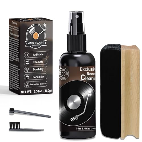 DINGSEN Vinyl Record Cleaner Kit - Complete 4-in-1 Vinyl Records Cleaning Kit-100ml Cleaning Liquid, Soft Velvet Record Brush, Straight Handle & Round Head Stylus Brush