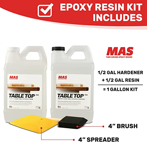 MAS Crystal Clear Epoxy Resin One Gallon Kit | Table Top Pro Epoxy Resin & Hardener | Two Part Kit for Wood Tabletop, Bar Top, Resin Art | Set Includes Spreader & Brush | Professional Grade Coating